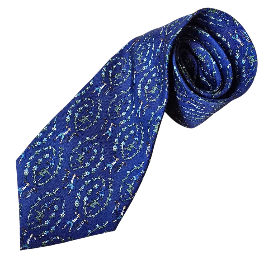 Salvatore Ferragamo Blue Silk Tie Gardeners Floral Wreath Figural Made in Italy